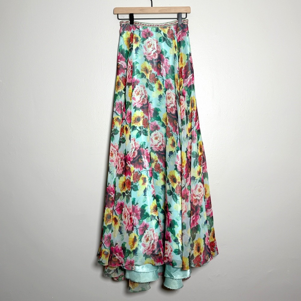 Rachel Allan Womens Skirt 4 Teal Floral Beaded Waist Full Length Formal‎ A-Line